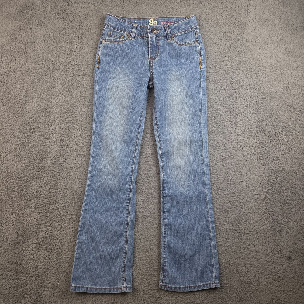 SO Bootcut Jeans Girls 12 Slim Blue Denim Pants Adjustable Waist Stretch Y2K